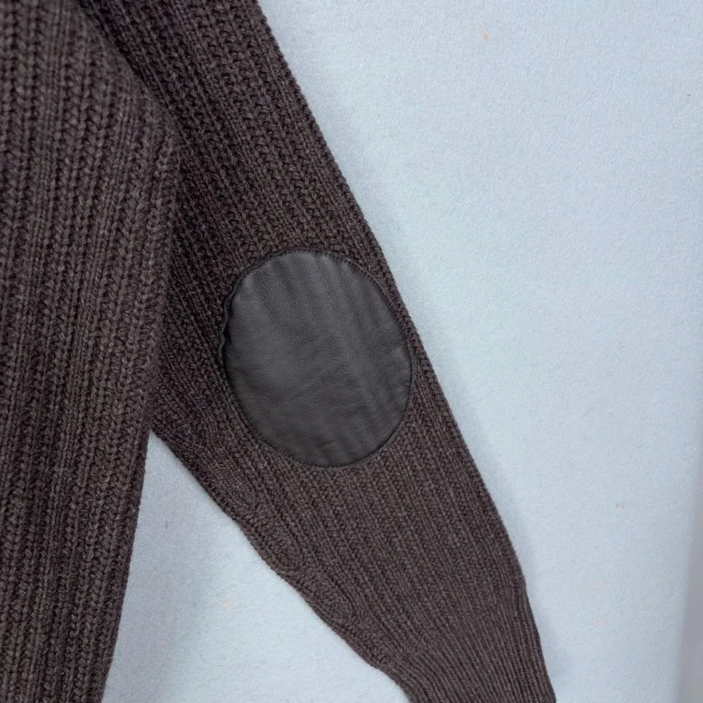 Banana Republic Sweater Men XL Brown Ribbed Full Zip Wool Leather Elbow Patch